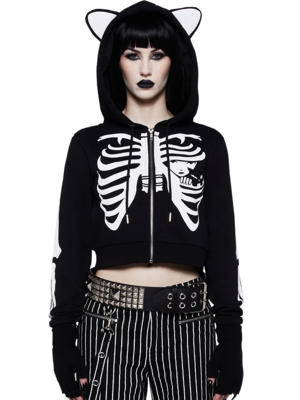 Dolls Kill × Emily The Strange Skeleton Cropped Hoodie